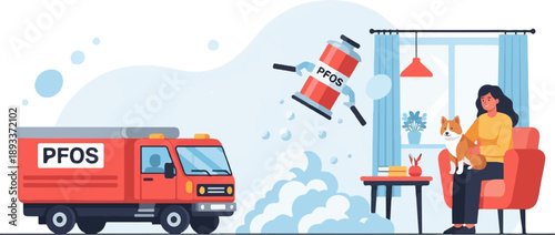 A woman and dog relax indoors while a truck and spray can labeled PFOS indicate potential environmental concerns