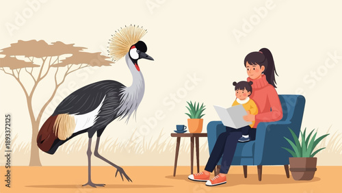 A woman and child read a book while a bird stands nearby in a savanna