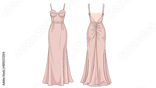 Elegant evening gown design featuring a delicate blush hue, slender spaghetti straps, alluring sweetheart neckline, dramatic side slit, and