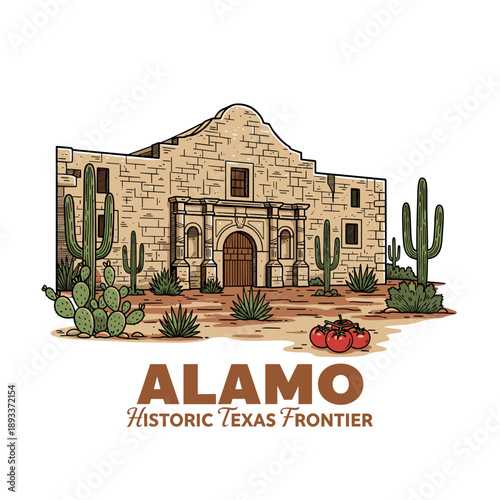 Schilderij op canvas Historic Texas frontier Alamo mission with cactus and desert