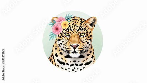 A watercolor leopard portrait adorned with a floral crown against a soft green backdrop