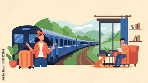 A woman with a suitcase waits by a train, while a man reads indoors with a dog