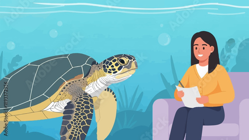 A woman writes on paper while a sea turtle swims nearby underwater