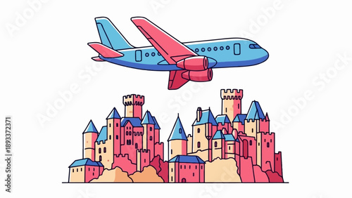 A whimsical airplane soars above a fantastical castle complex