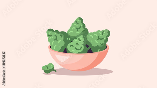A whimsical bowl of green buds with happy faces, one bud resting outside