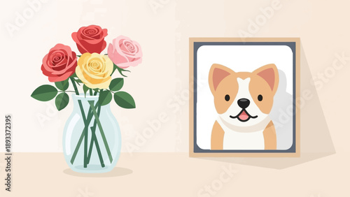A vase of roses next to a framed portrait of a cute dog
