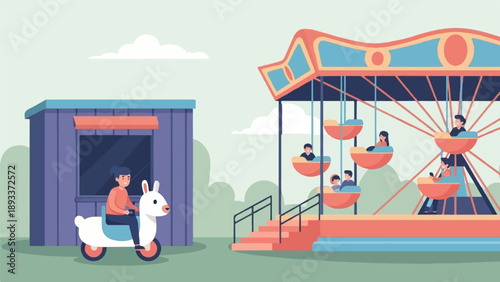A whimsical park scene with a person on a llama ride and a carousel