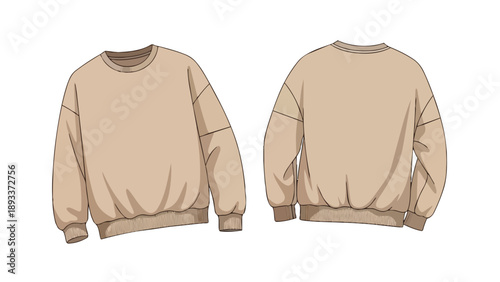 A simple yet stylish beige crewneck sweatshirt rendered as a flat lay illustration, displaying both front and back views, perfect for fashion design