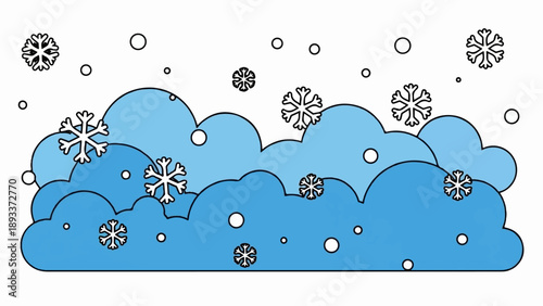 Abstract snow-covered blue clouds with falling snowflakes and circles