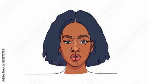 Abstract single line drawing of a young woman's face with dark curly hair