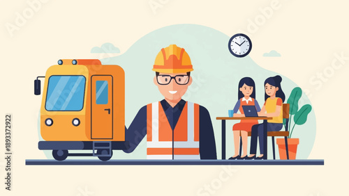 A worker in safety gear stands by a train next to two women working on a laptop