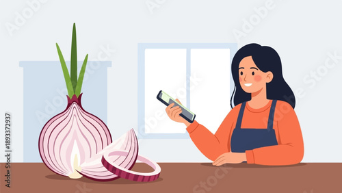 A woman in an apron looks at her phone next to a sliced red onion