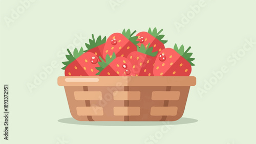 A woven basket overflows with ripe, juicy strawberries