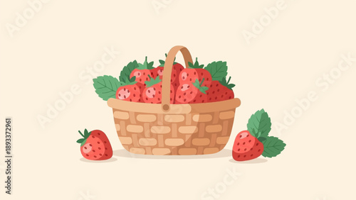 A woven basket overflows with ripe strawberries, with two single berries beside it