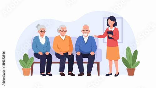 A woman interacts with elderly people sitting on a couch in a room