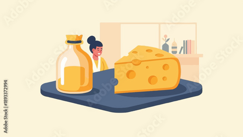 A woman looks at a large wedge of cheese and a bottle of yellow liquid