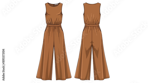 Elegant sleeveless wide-leg jumpsuit fashion flat sketch in earthy brown, perfect for contemporary style development.