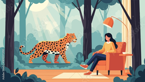 A woman relaxes indoors while a jaguar walks outside in a surreal forest setting