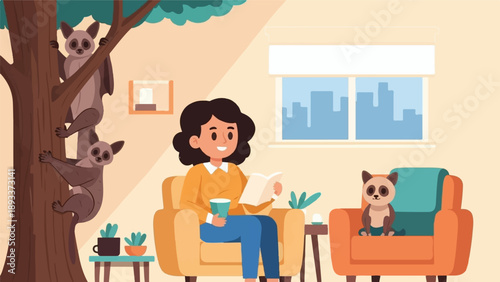A woman relaxes reading a book with animals nearby in a cozy indoor setting