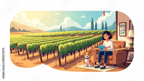 A woman relaxes with her dog indoors, overlooking a vineyard landscape