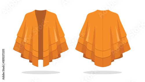 Vibrant orange layered open-front kimono style cardigan illustration showcasing both front and back views for fashion design, apparel, and clothing