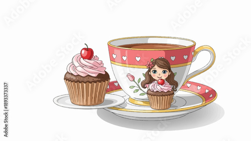 Adorable cartoon girl with cupcakes and teacup on saucer