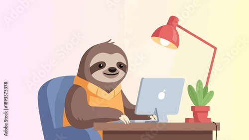 Adorable cartoon sloth wearing a sweater works at a desk with a laptop and lamp