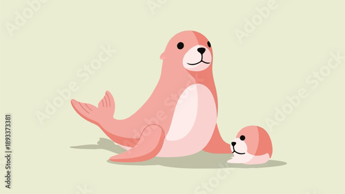 Adorable cartoon seals, one adult and one pup, depicted in soft pink tones