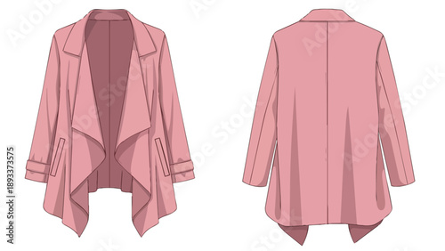 Pink Waterfall Jacket Flat Sketch Fashion Apparel Design Technical Drawing featuring a flowing open front and three-quarter sleeves perfect for