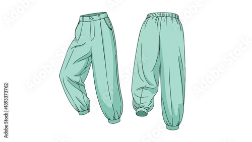 Minimalist fashion illustration showcasing a contemporary design of relaxed fit elastic cuff trousers in a soft teal hue, ideal for comfortable