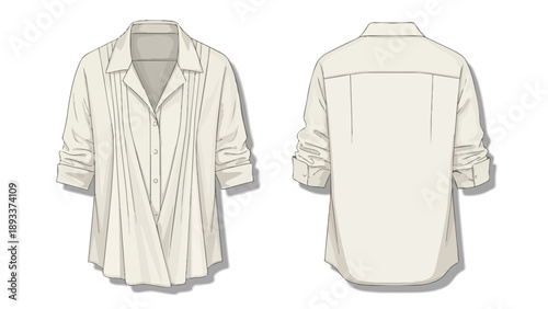 Technical fashion flat sketch showcasing a pristine white button-up blouse with intricate front pintucks and neatly rolled-up sleeves ideal for