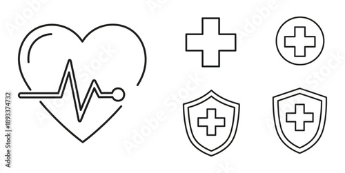Comprehensive health and medical line icons illustrating wellness, protection, and vital care concepts for modern design needs