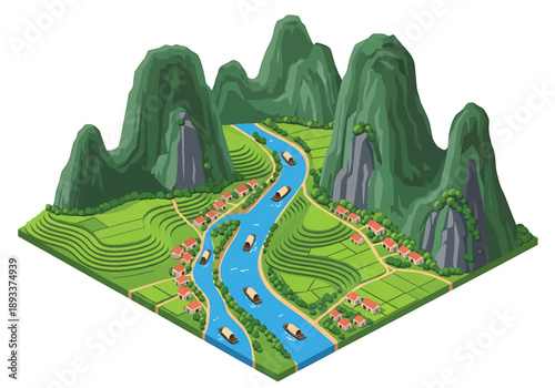 Isometric 3D view illustration of a Vietnam-inspired karst valley with limestone hills, rivers, boats, rice fields, and rural settlements