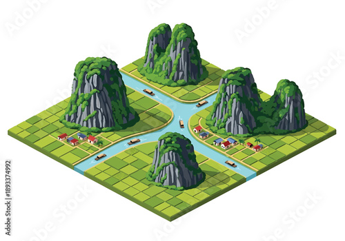 Isometric 3D view illustration of a Vietnam-inspired karst valley with limestone hills, rivers, boats, rice fields, and rural settlements