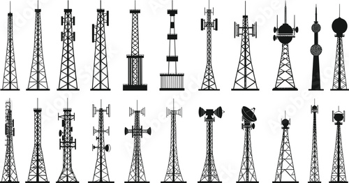 Telecommunication tower silhouettes collection vector illustration set for broadcast and wireless network concepts