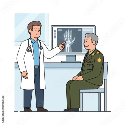 A doctor in a white coat explains an X-ray image of a hand to a seated military officer in a green uniform in a clinical setting.