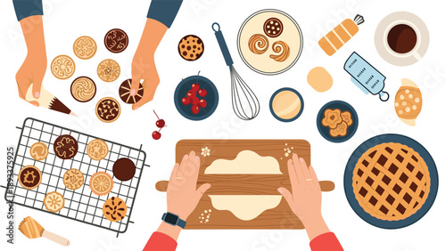 Top view of hands rolling dough and decorating various delicious cookies, tarts, and a pie on a kitchen counter during a baking session.