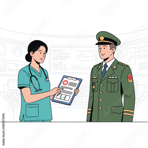 Illustration of a military officer receiving medical information from a nurse in a clinical setting with a subtle background.