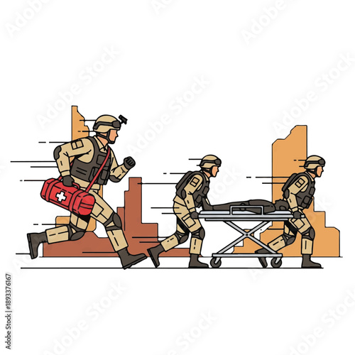 Illustration of three soldiers in tactical gear rushing with a stretcher and medical kit in a cityscape with a motion blur effect, conveying a sense of urgency.