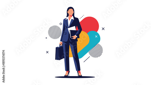 Confident businesswoman wearing a blue professional suit and holding a briefcase stands in front of colorful abstract shapes in a studio.