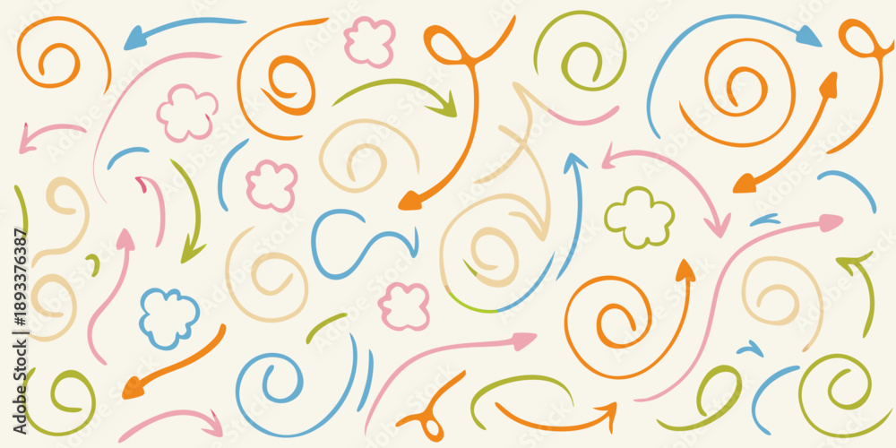 Fototapeta premium Colorful doodles of arrows swirls and floral elements on a pale background