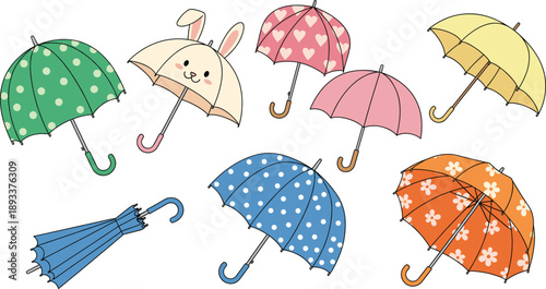 Cute colorful umbrellas with patterns and bunny design cartoon vector illustration set