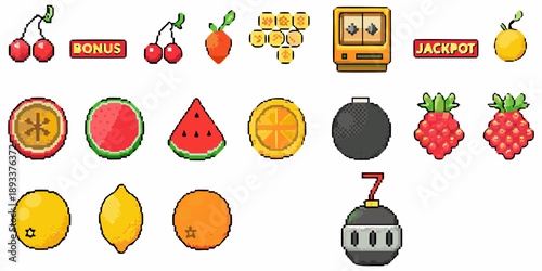 Colorful pixel art icons depicting various fruits a bonus and slot machine symbols