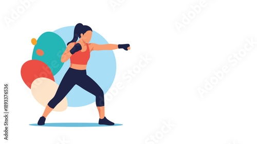 Active young woman in sports clothing practicing boxing movements with gloves against an abstract colorful circular background.
