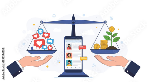 Conceptual illustration showing hands holding a balance scale weighing social media engagement against financial growth and earnings.