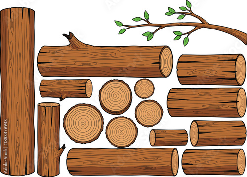 Wood logs and tree trunk cut sections vector illustration set for forestry and natural design