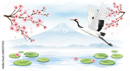 Peaceful Asian landscape illustration with flying white crane cherry blossoms lake and distant mountains
