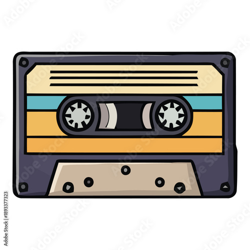 Vintage cassette tape with yellow and blue stripes on a grey casing, evoking nostalgia for 80s and 90s music eras