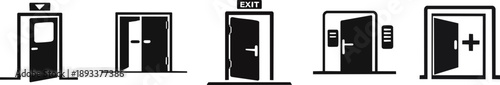 Silhouette of Emergency. A series of simple, black and white door icons depicting various door types and functions, including an elevator, exit, and medical entrance.