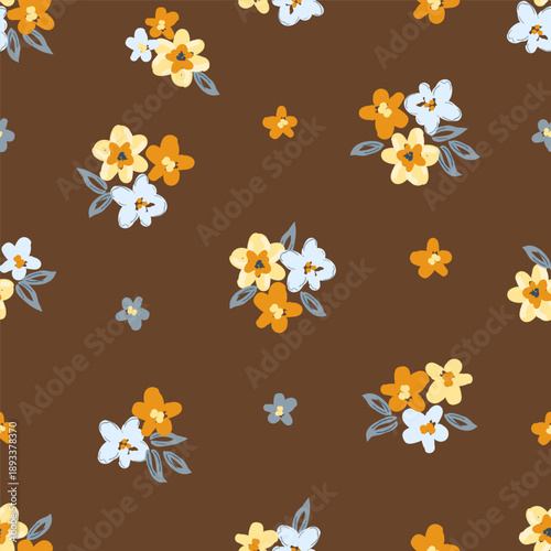 Floral vector seamless pattern. Small flowers on a brown background. For fabric prints, textile products,  summer clothing.